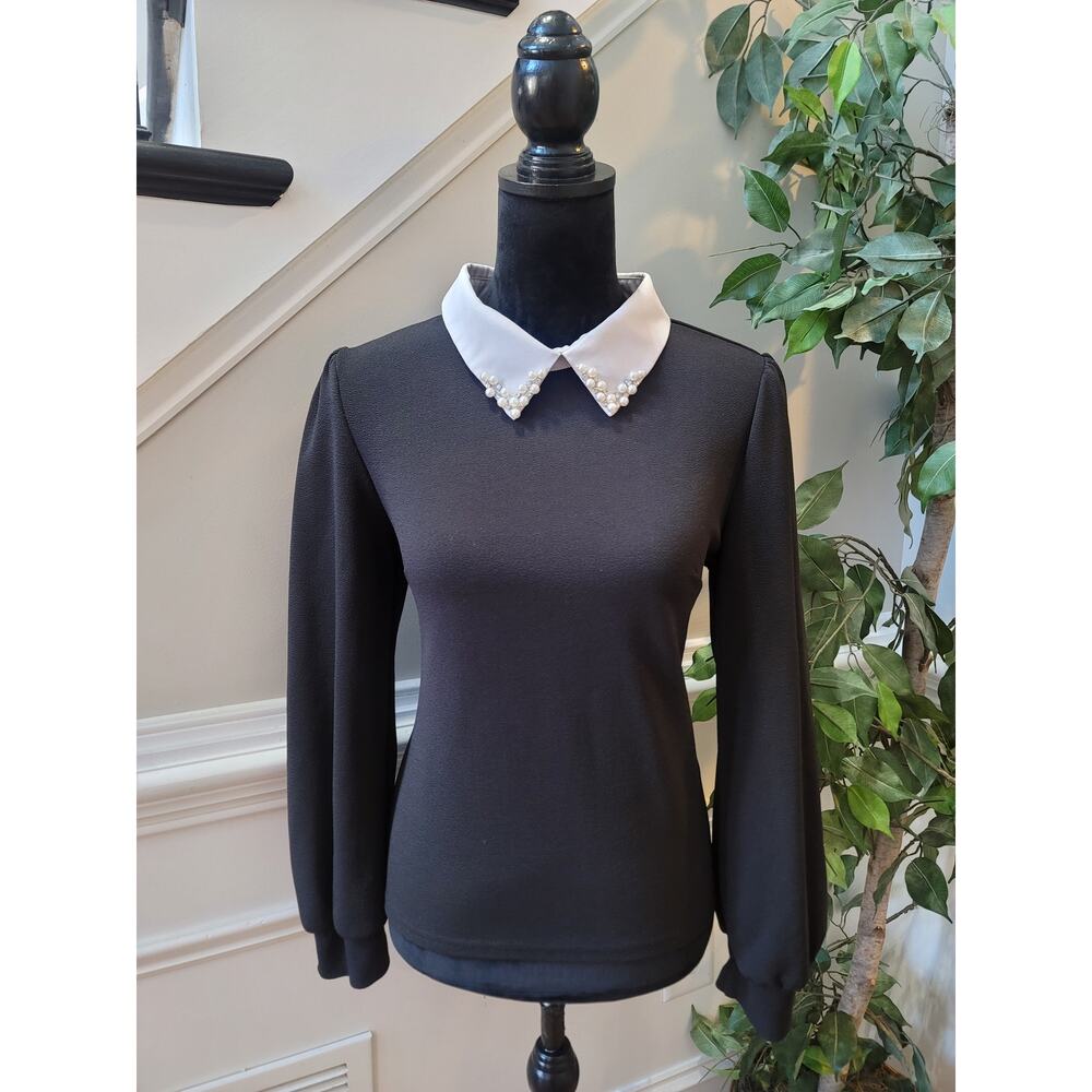 Shein Blouse Women's Size 6  Black Polyester Collared Long Sleeves Pearl Accents
